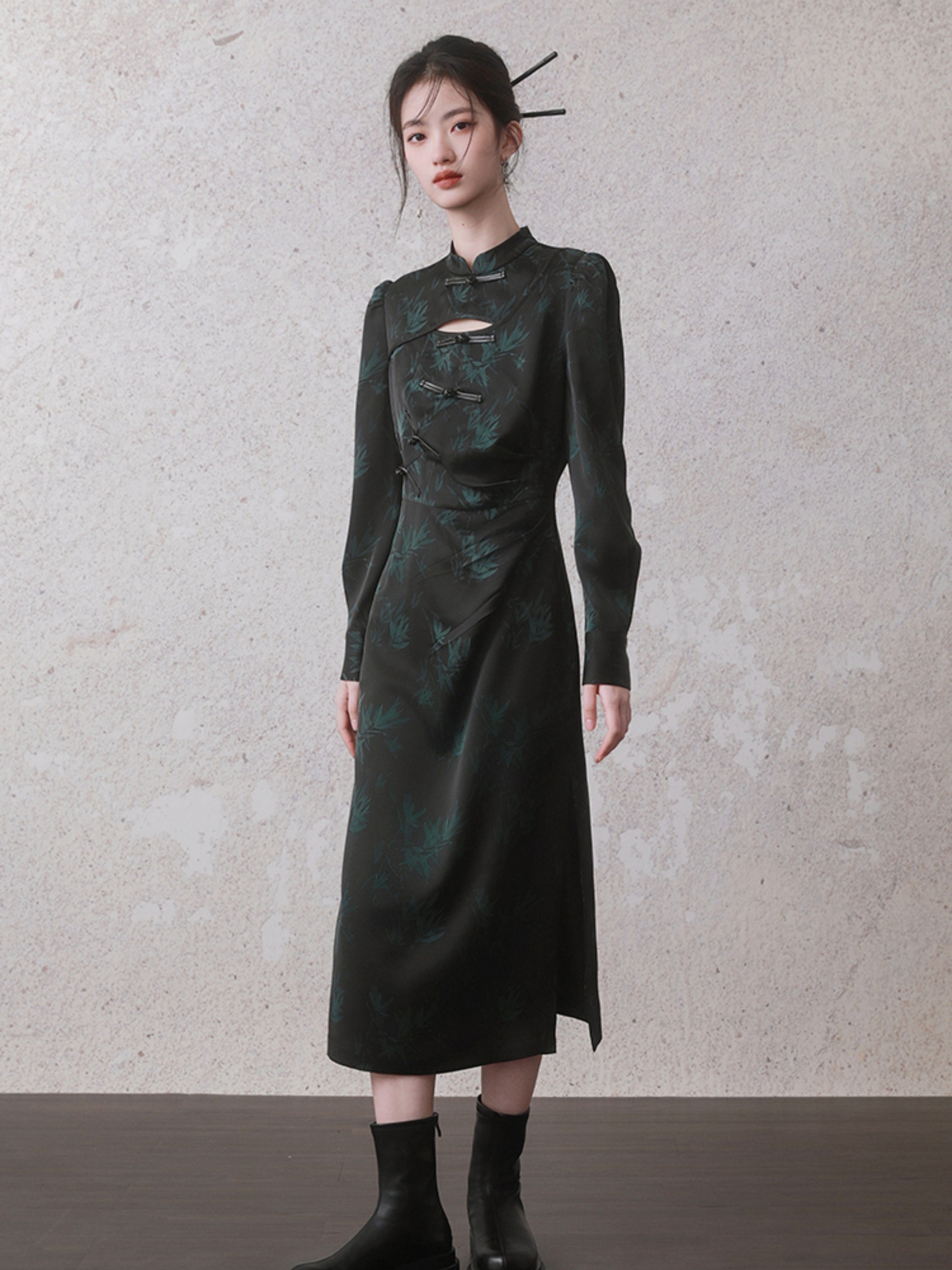 Bamboo Leaf Print Cheongsam Long Sleeve Dress