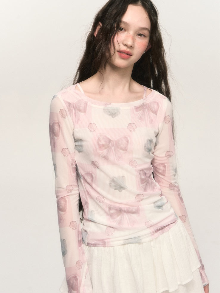 Girly Bow Print Elastic Mesh T-shirt
