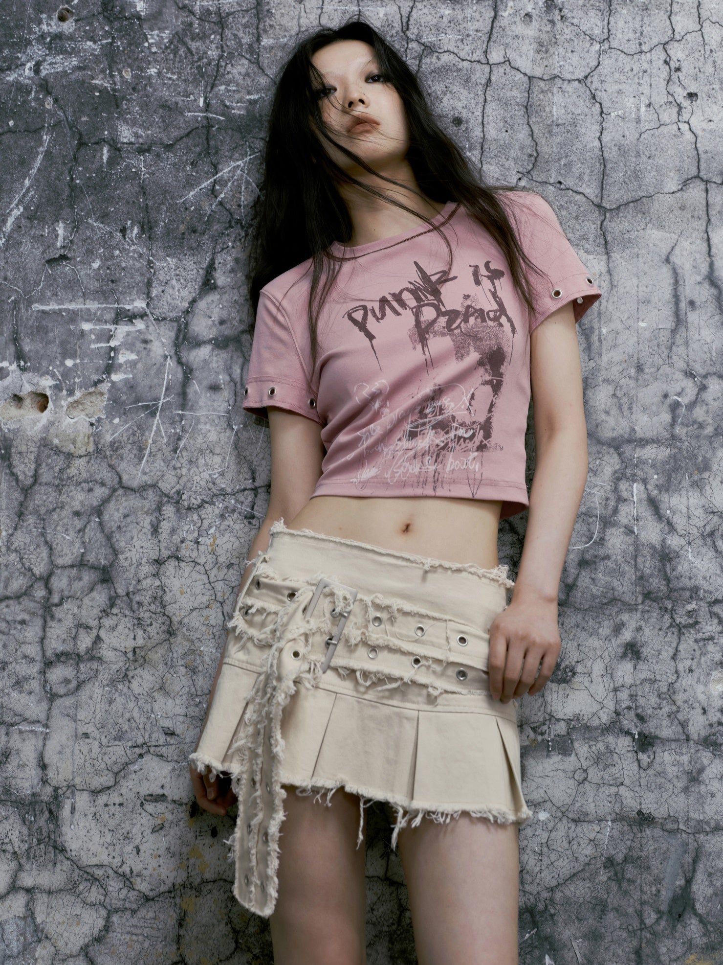 생 가장자리 데님 주름 치마