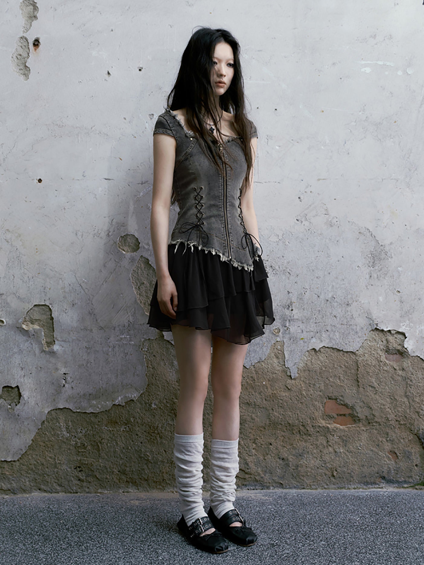 데님 스 플라이 싱 플라잉 슬리브 짧은 일체형