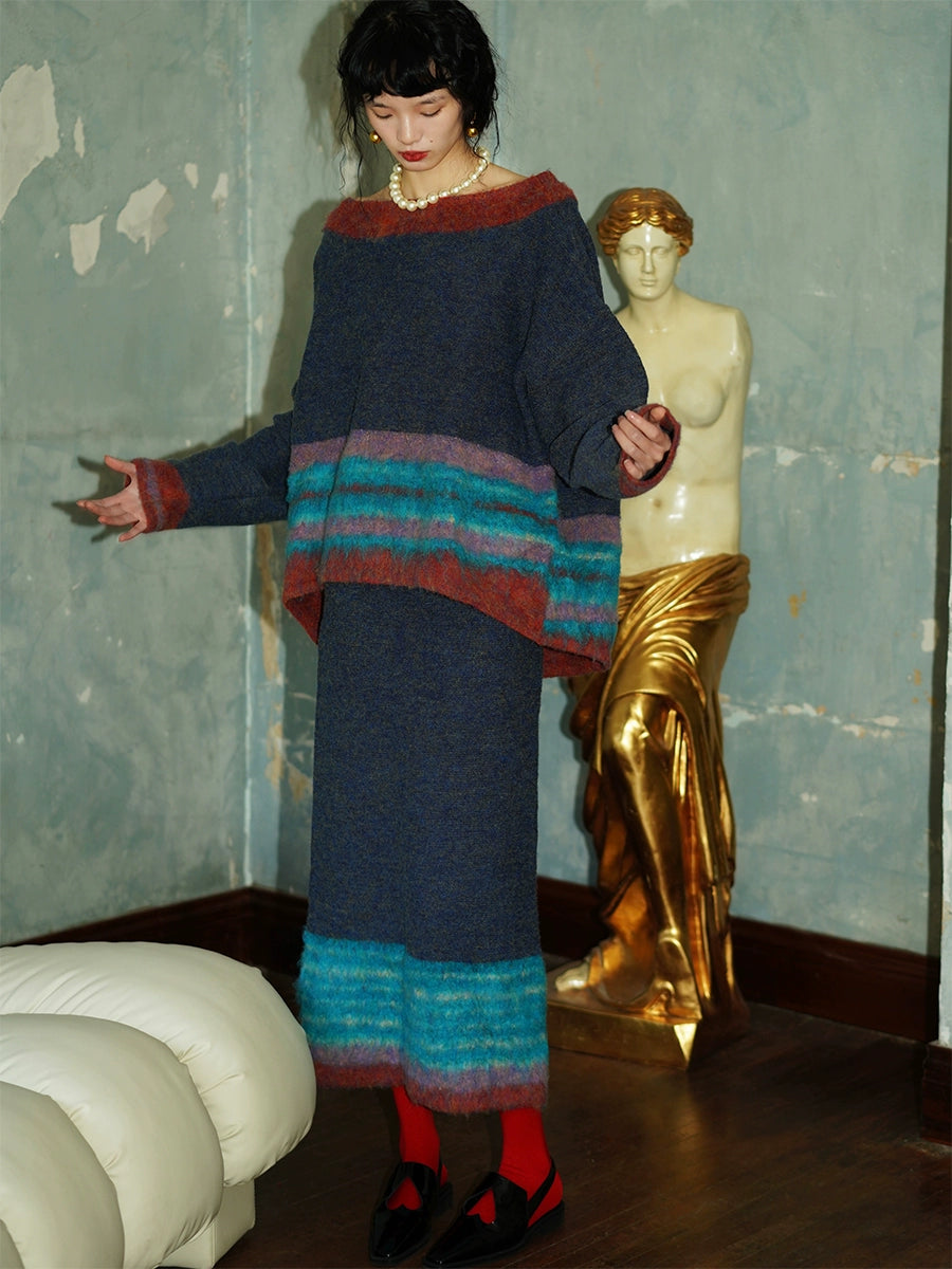 Contrast Color Border Design Loose Sweater & Knitted Skirt
