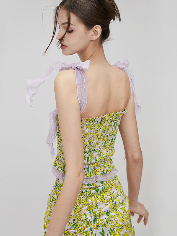 Floral Strap Shirring Tube Top