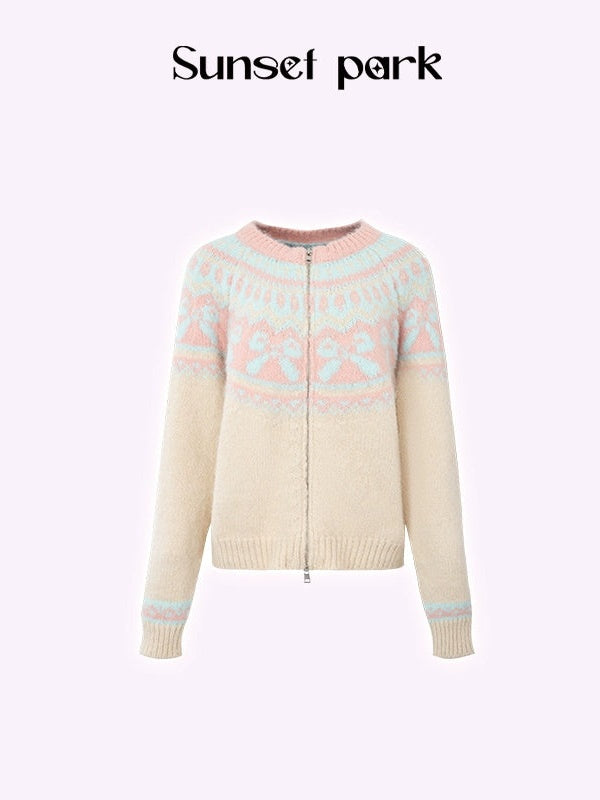 Retro Fair Isle Bow Textur Strickjacke Strickjacke