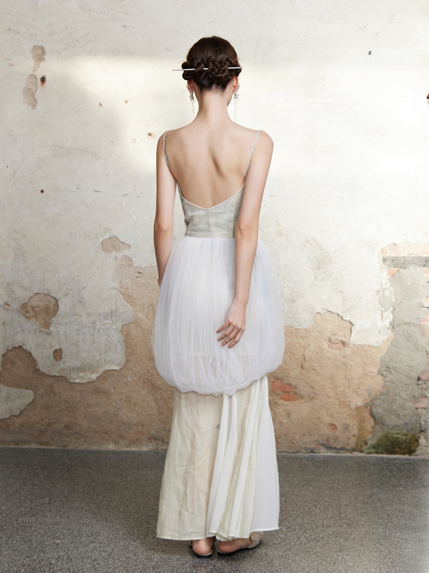 메쉬 꽃 새싹 미끄러짐 긴 드레스