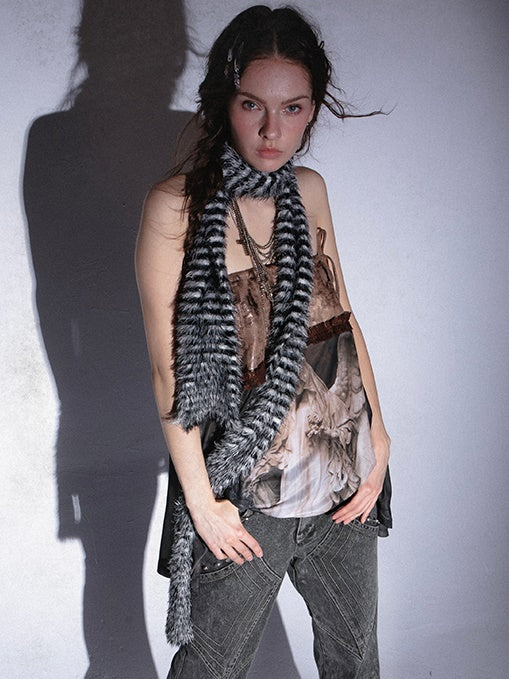 Angel Printed Leather Splicing Mesh Layered Skirt