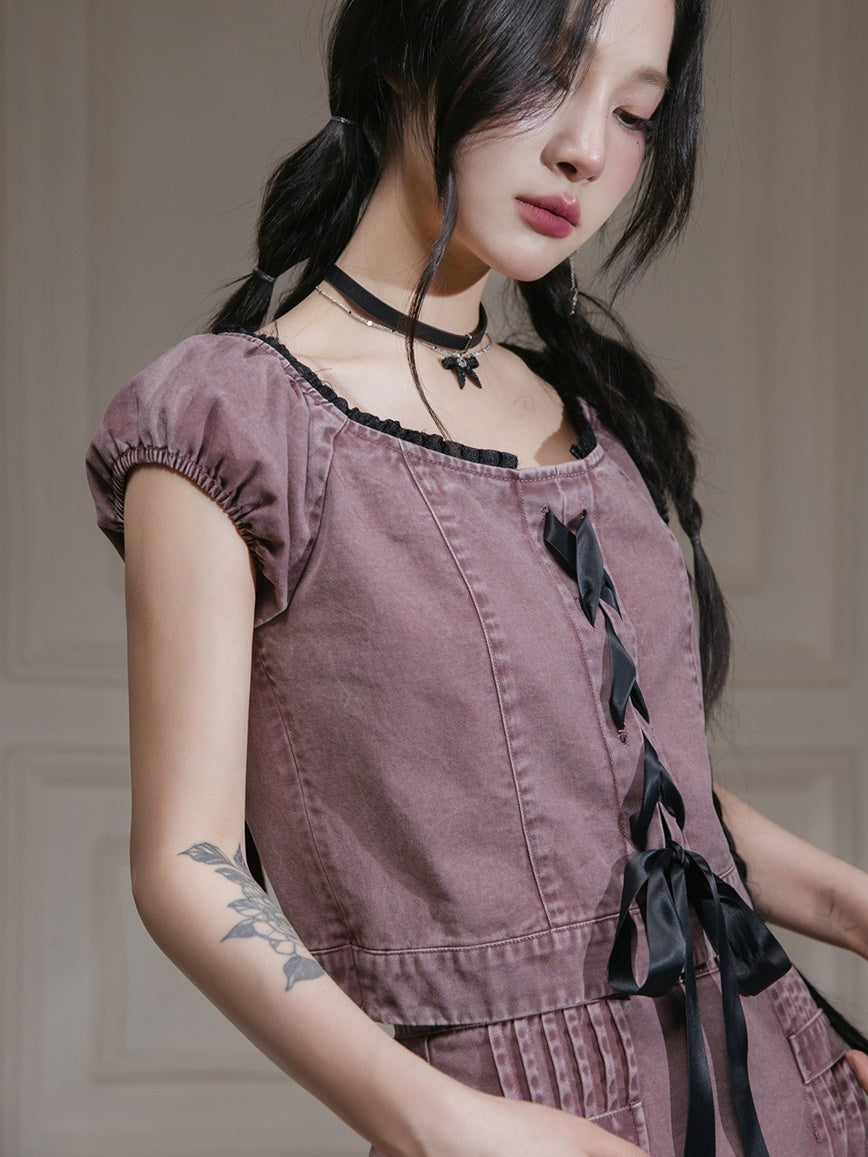 Washed Denim Lace-Up Top & A-Line Skirt Set-up