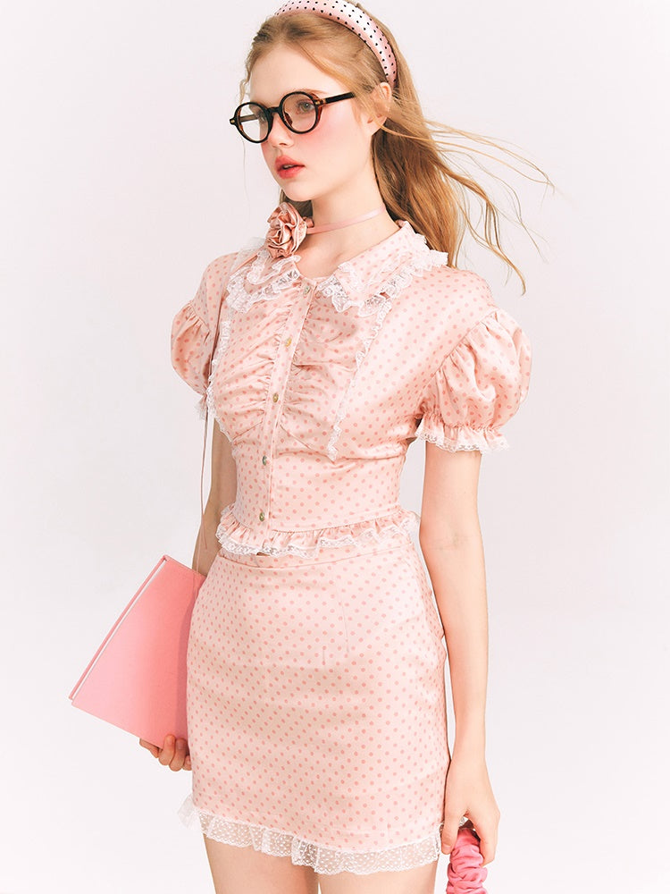 Dot Puff Sleeve Shirt & Lace Stitch Mini Skirt