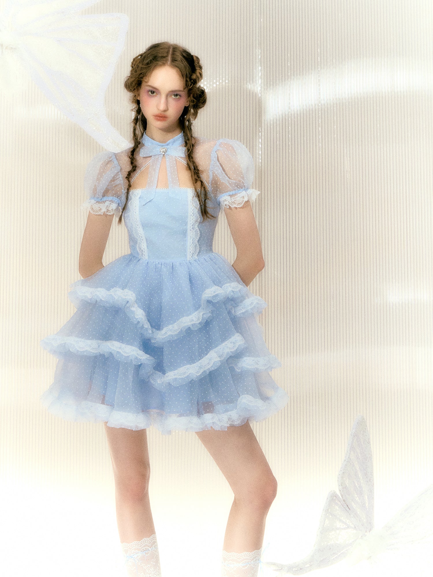 Polka Dot Rhinestone Bow Short-sleeved Lace Princess Dress