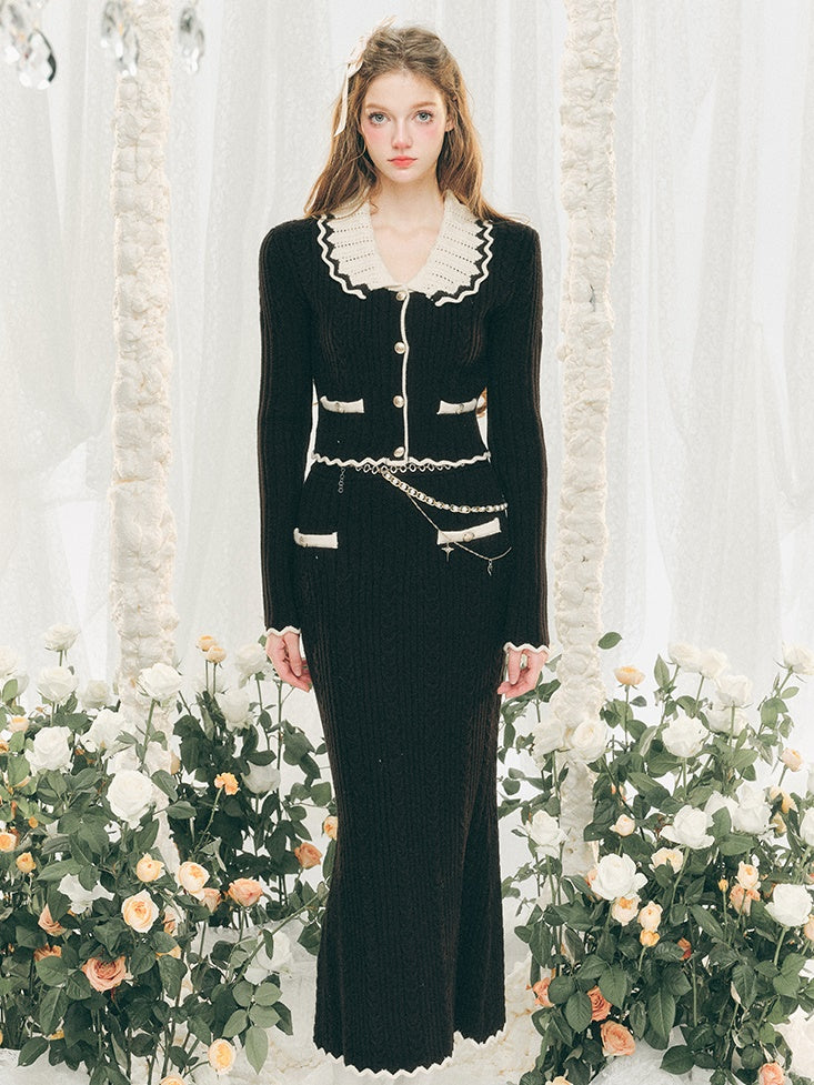 Bicolor Lib Knitted Cardigan & Hip-hugging Skirt