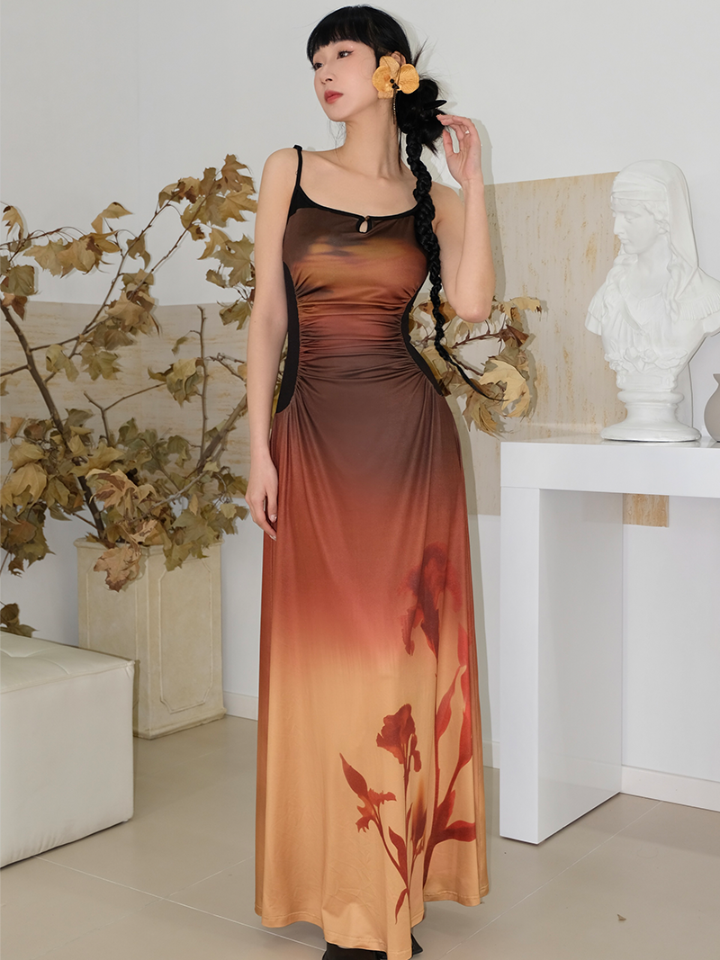 Gradation Printed Elastic Slim Fit Suspender Dress