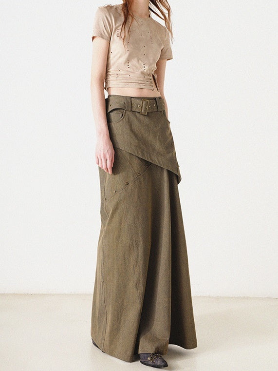 Denim-Off-Shoulder-Top & Long-Rock mit Gürtel