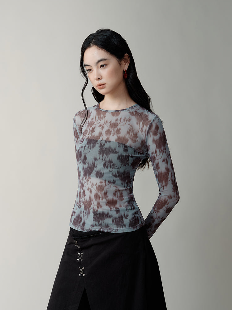 Digital Rose Printed Mesh T-shirt