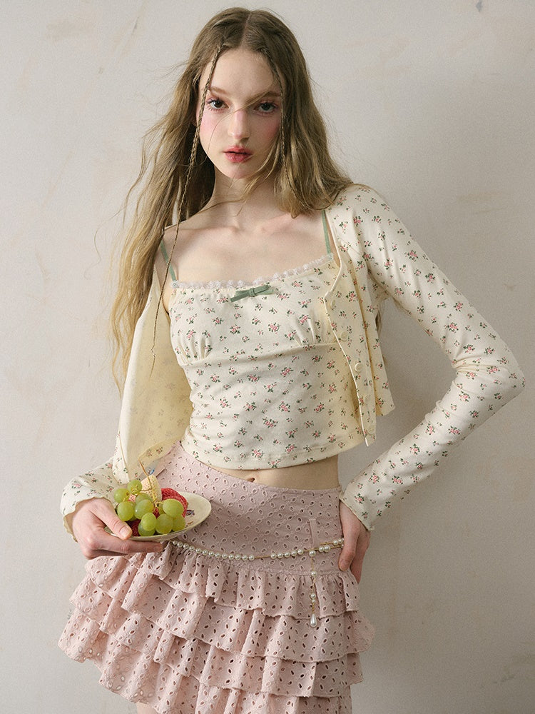 French Floral Girly Camisole & Cropped Cardigan & Skirt