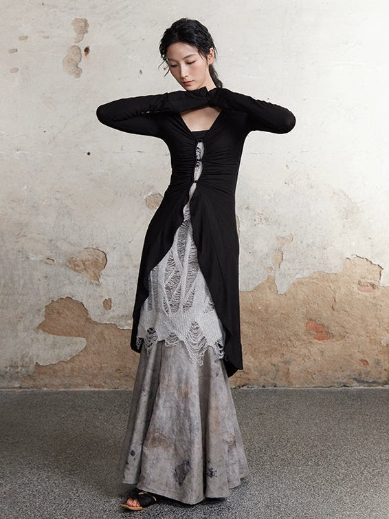 식물 염색 인어 긴 치마 및 중공 니트 긴 카미솔