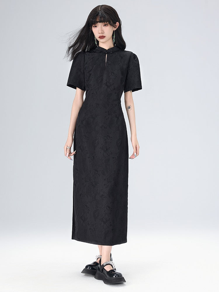 Chinese Style Short Sleeve Slit Long Dress
