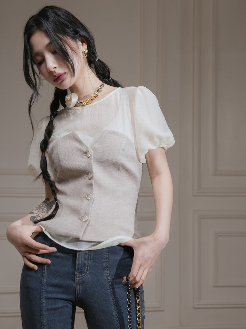 Puff Sleeve Sheer Shirt & Bear top Vest Set-up