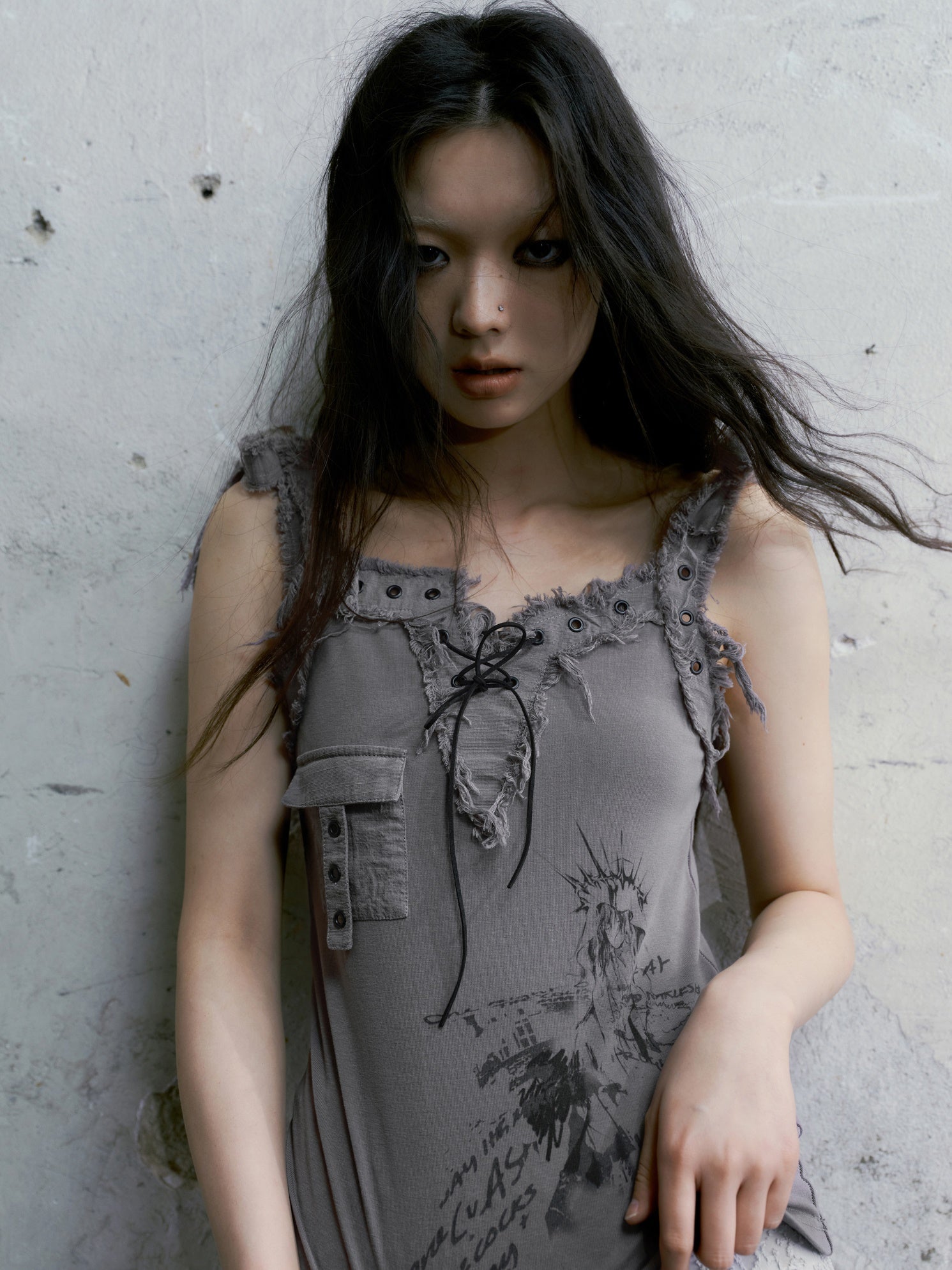 Printed Raw Edge Asymmetric Camisole