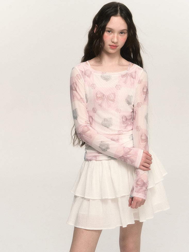 Girly Bow Print Elastic Mesh T-shirt