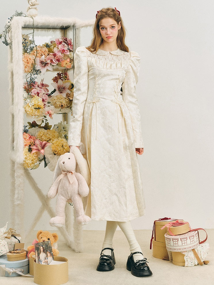 Jacquard Lace-Up Tuck Pleated Dress