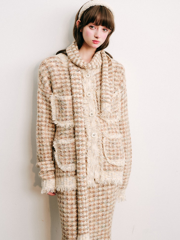 Knitted Fringe Cardigan Jacket With Stole & Long Skirt
