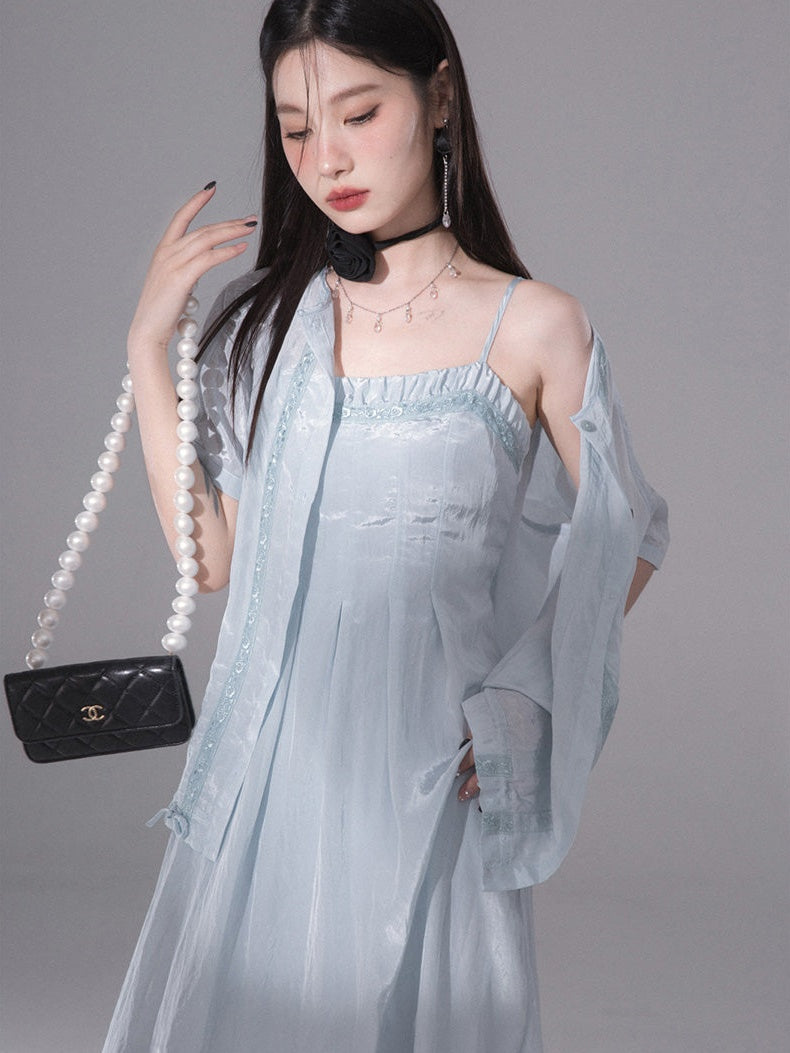 Glossy Drawstring Shirt & Slip Long Dress