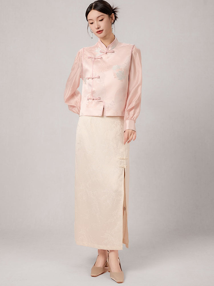 Chinese Style Jacquard Stand Collar Vest & Sheer Top Set-up