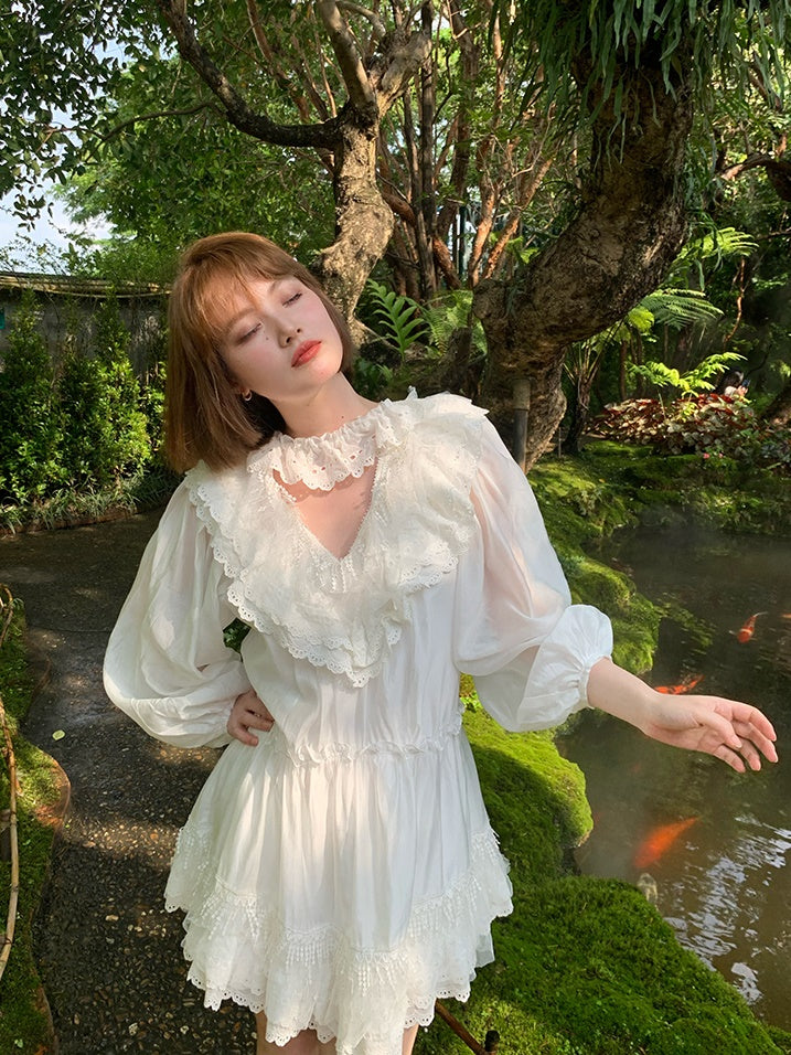 Fransen Long schläft Spitzenkleid mit V-Ausschnitt