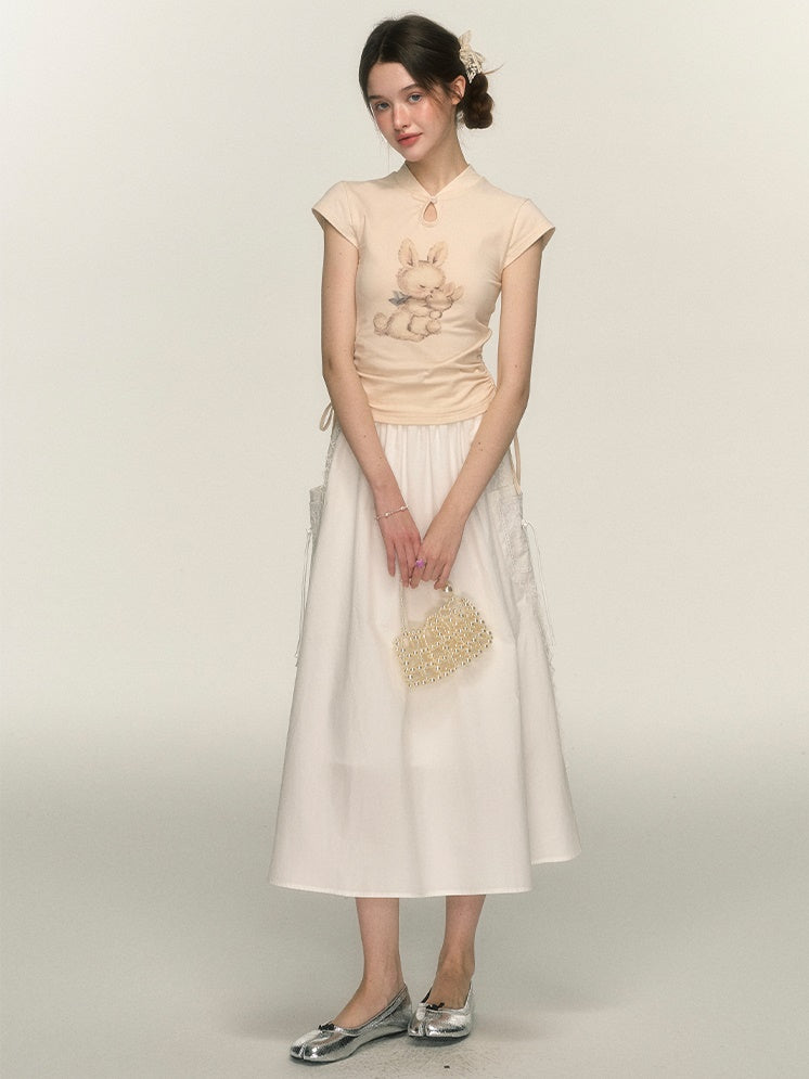 Chinese Style Rabbit Print Drawstring T-shirt