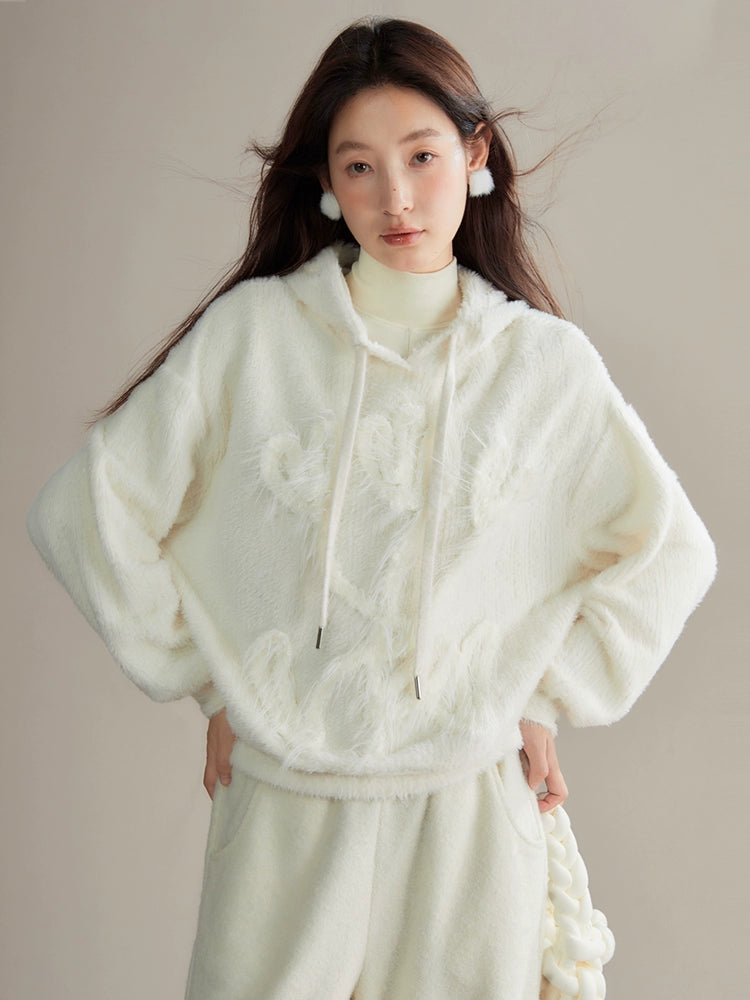 Tulip Hand Embroidery Fluffy Knitted Hooded Top