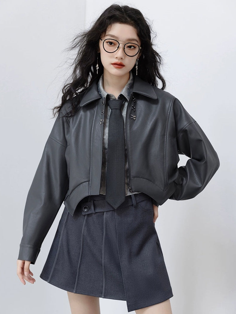 불규칙한 밑단 가죽 오토바이 재킷