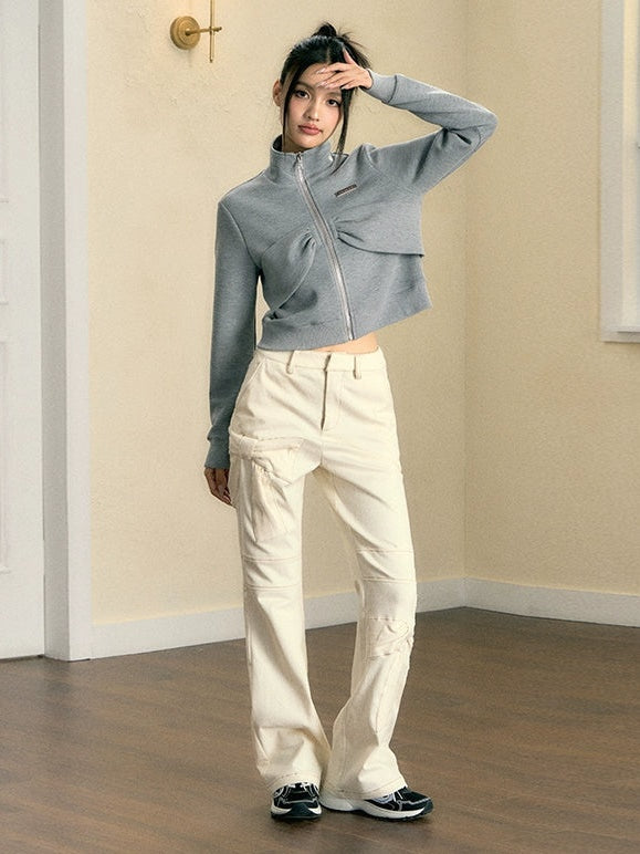 Ribbon Design Stand Collar Sweat Jacket