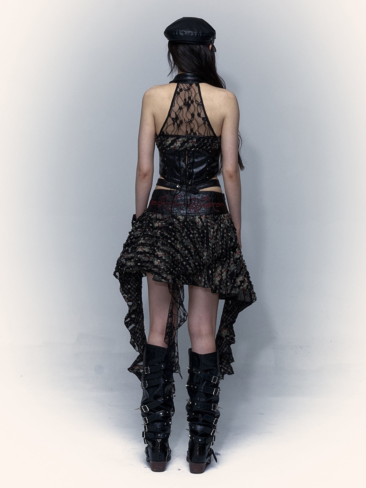 Stitching Embroidered Skirt & Lace Stitch Leather Tube Top