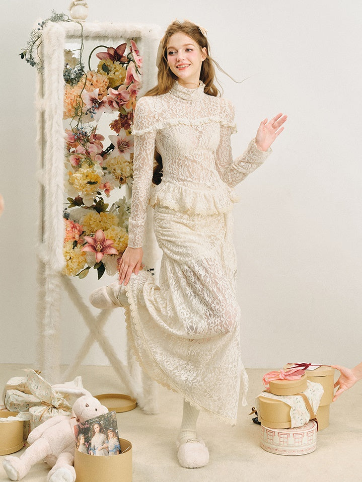 Lace High-Neck Peplum Design Top & Embroidered Lace Skirt