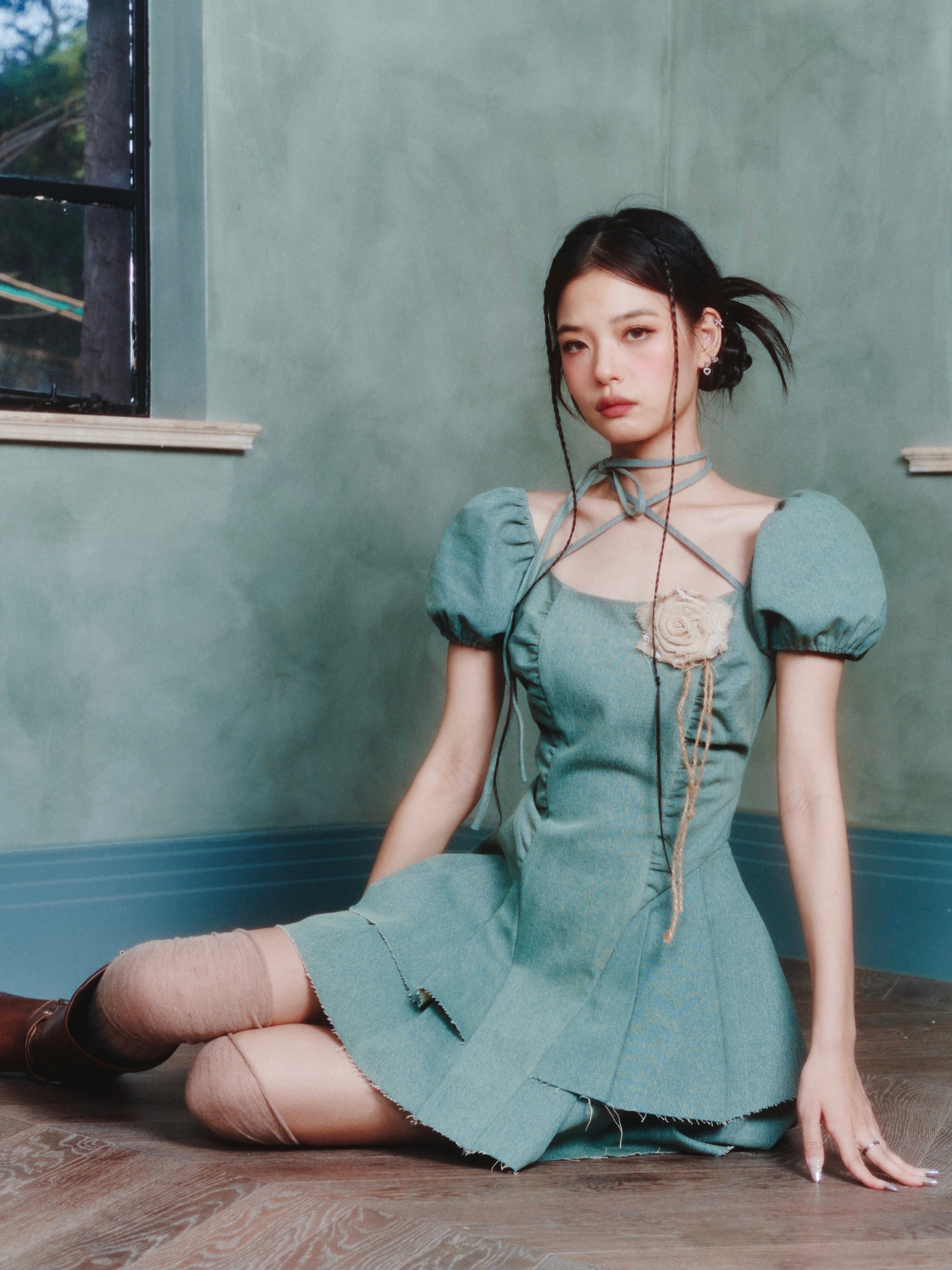 Lace-up Pleated Puff Sleeve Denim Dress