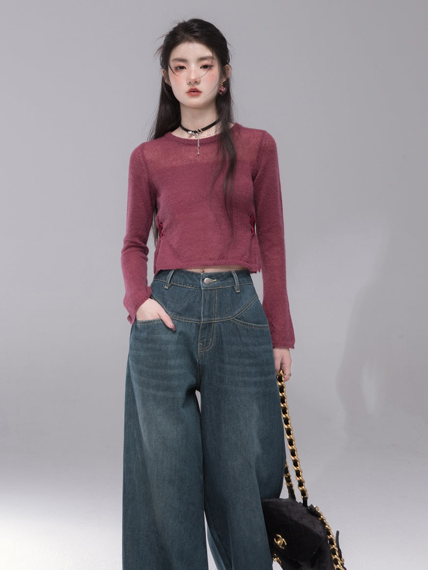 Wavy Split Line Retro Wide-leg Jeans