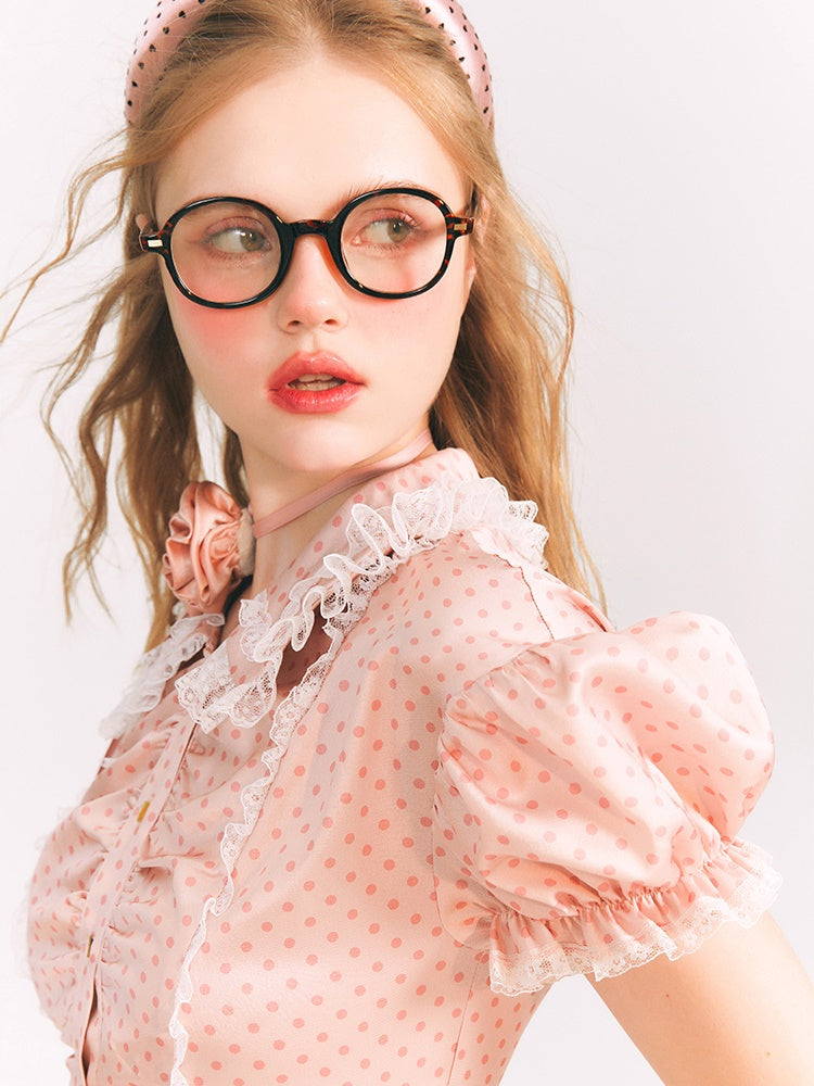 Dot Puff Sleeve Shirt & Lace Stitch Mini Skirt
