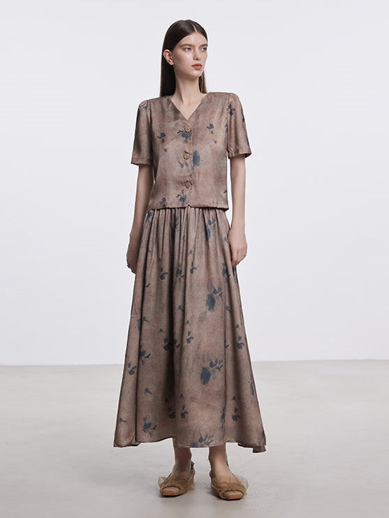 Print V-neck Short Sleeve Top & Long Skirt