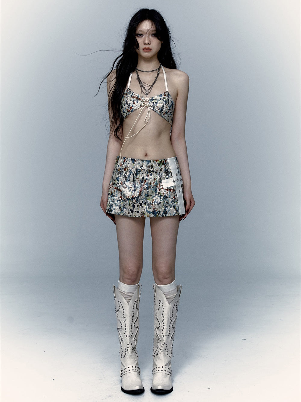Colorful Paint Design Bikini & Short Skirt