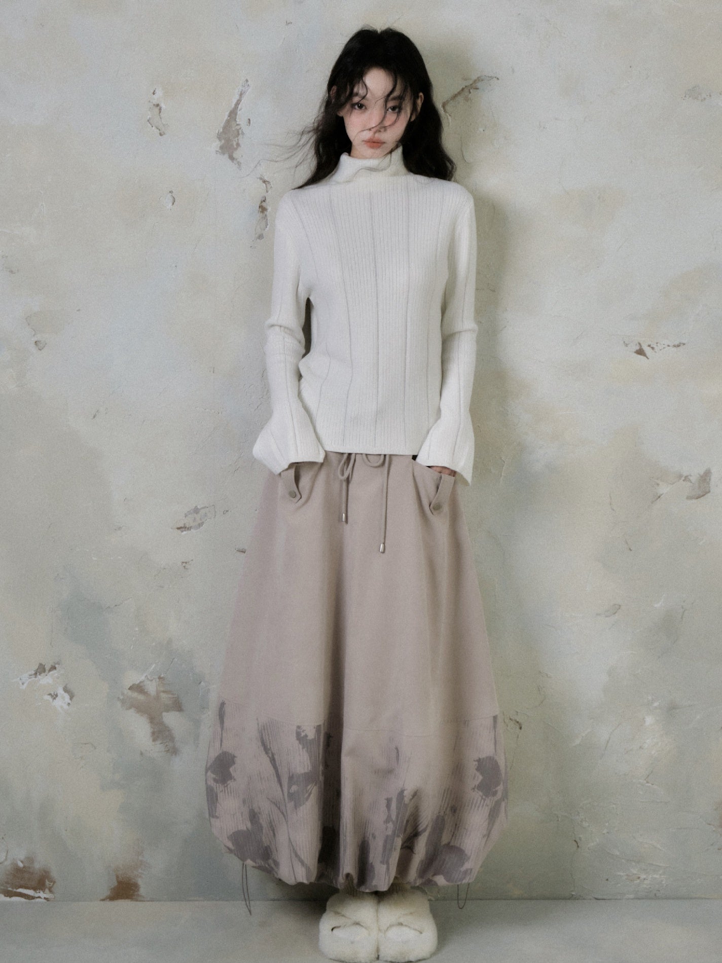 Floating Flower Shadow Printed Quilted A-line Bud Skirt