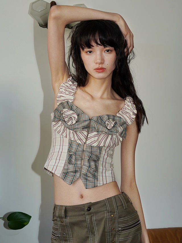 격자 무늬 스티치 3 차원 주름 카미솔