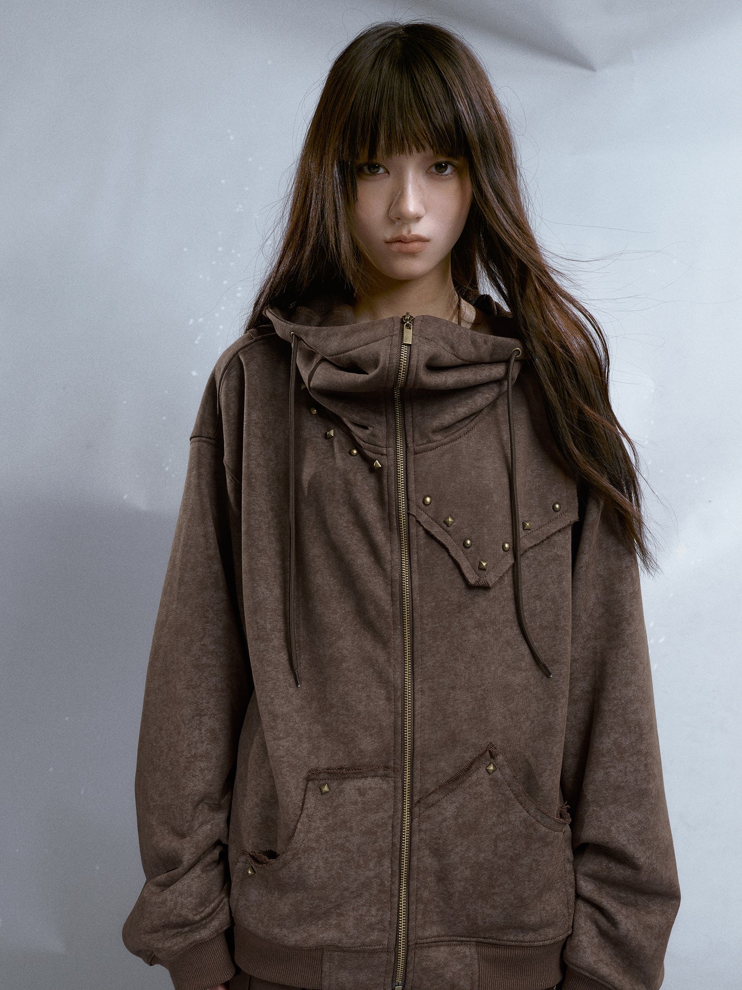 Rivet Distressed ZIP-Up Parka