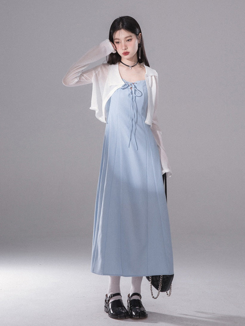 Rope Ribbon Suspender Long Skirt & Short Tank Top Set-up