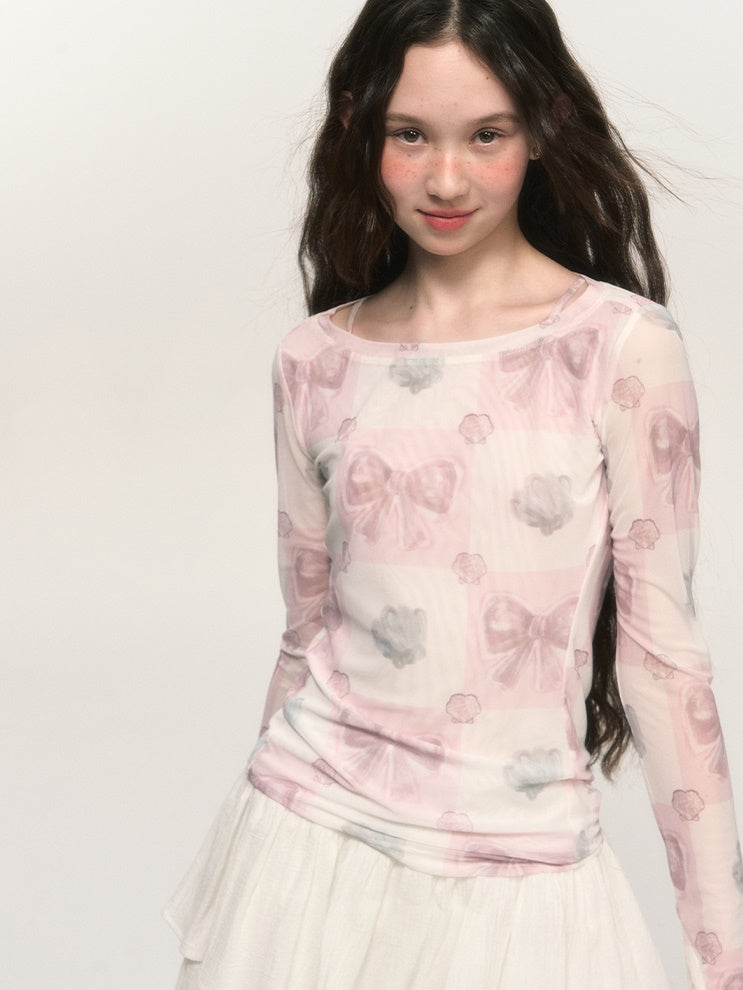 Girly Bow Print Elastic Mesh T-shirt