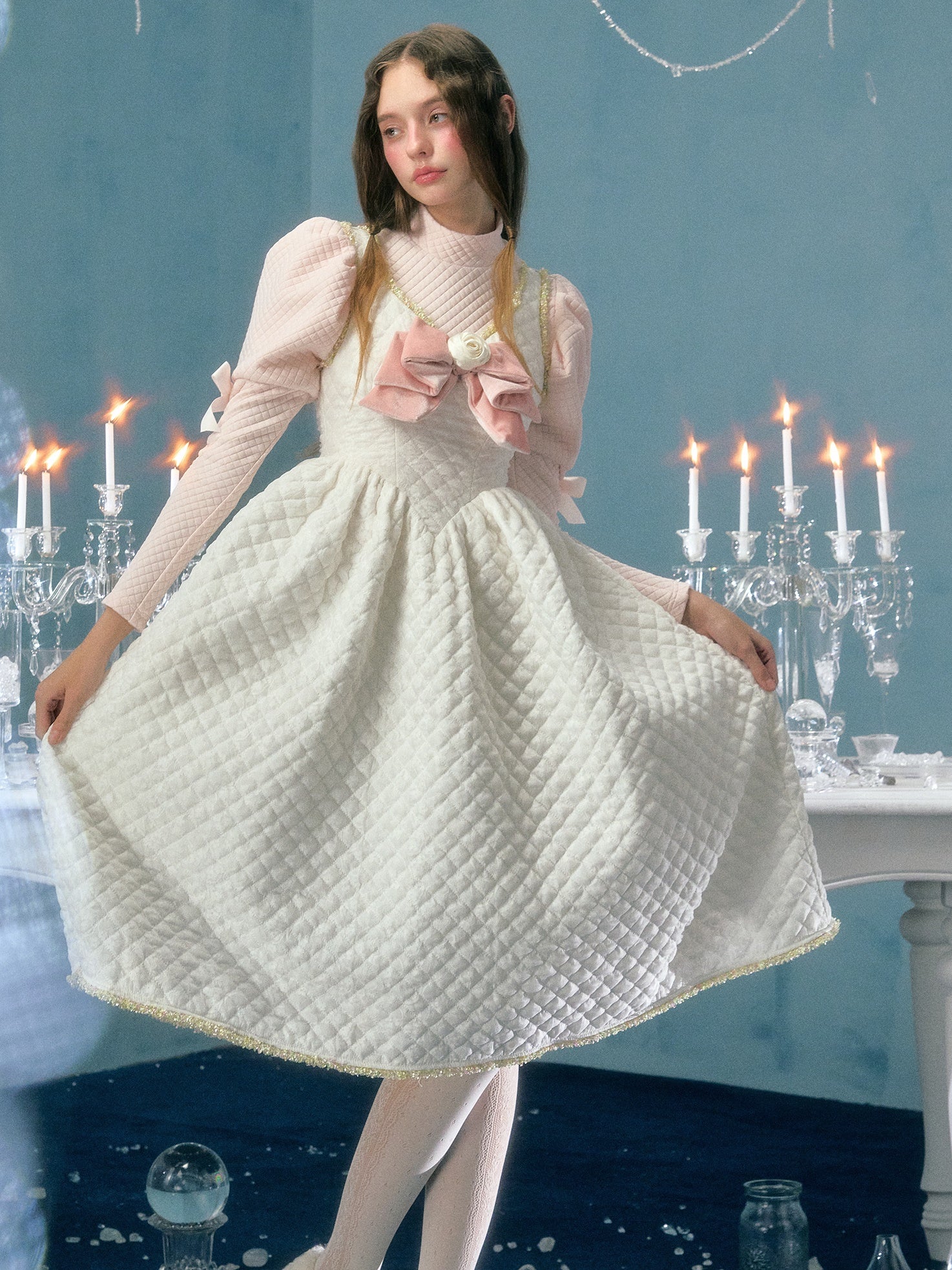 Lace Bow Flower Decoration Padded Suspender Dress & Puff Sleeve Top