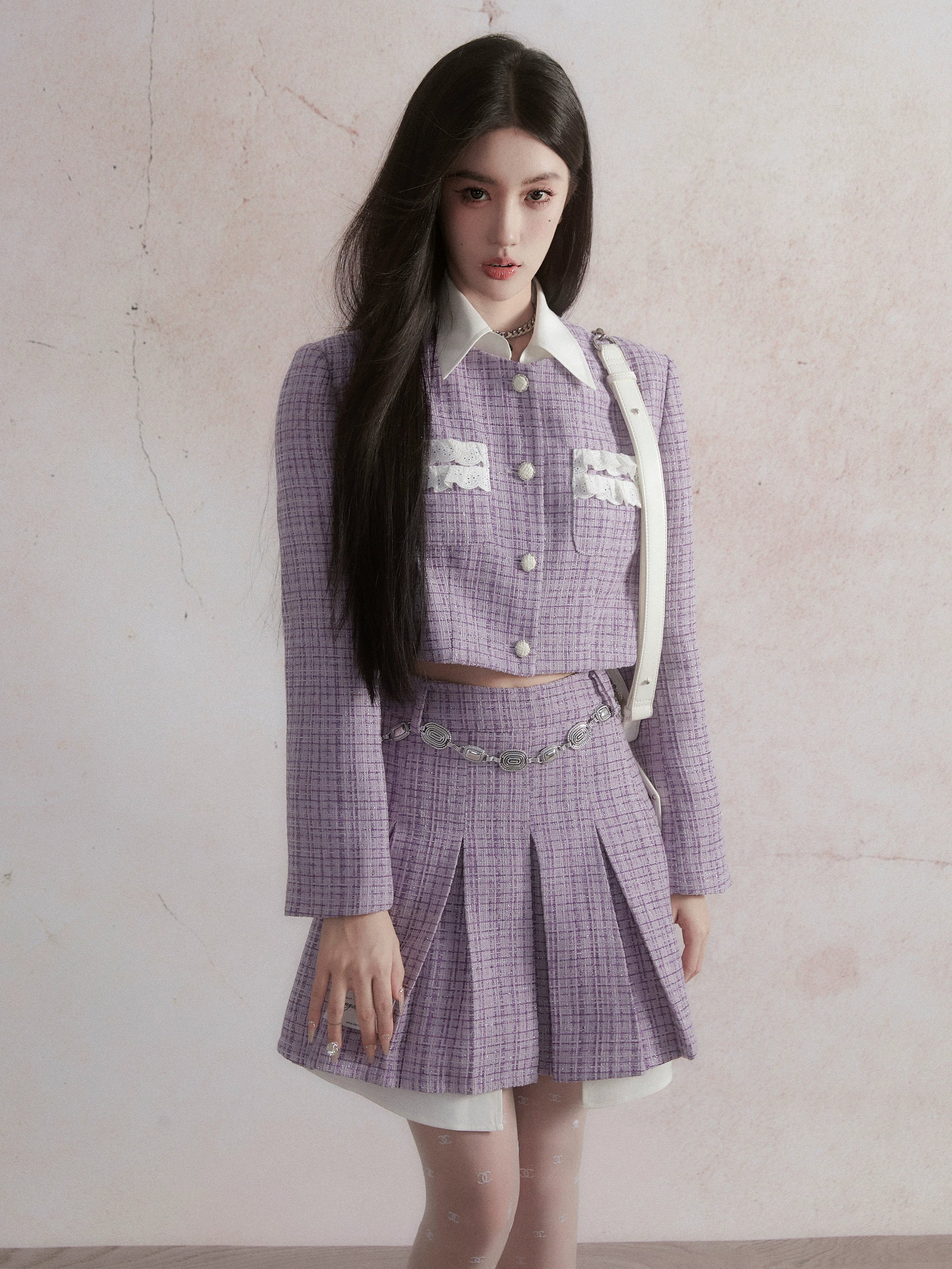 Small Fragrance Style Layered Design Jacket & Pleated Skirt