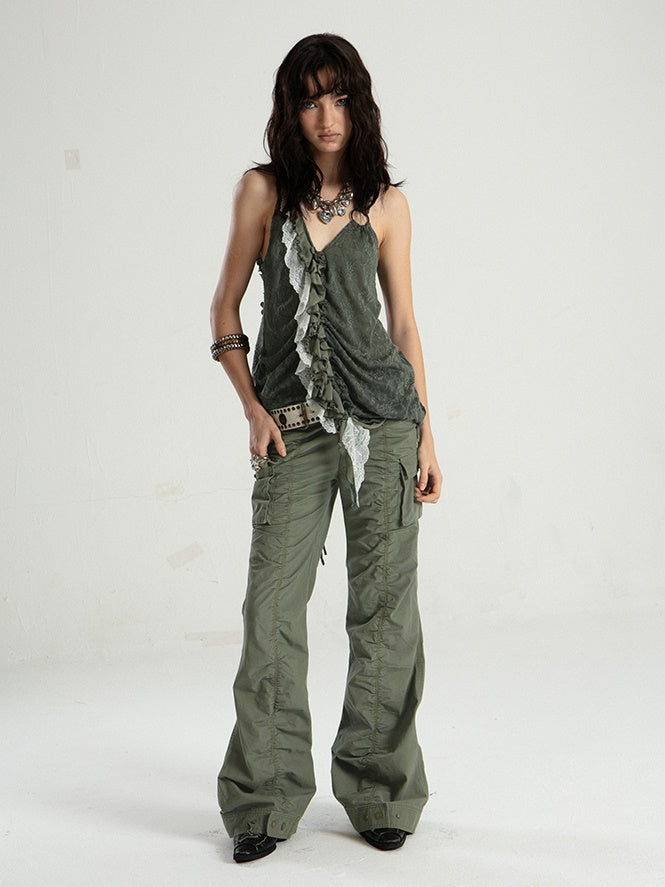 Old Washed Straight Flared Pleated Gather Pants