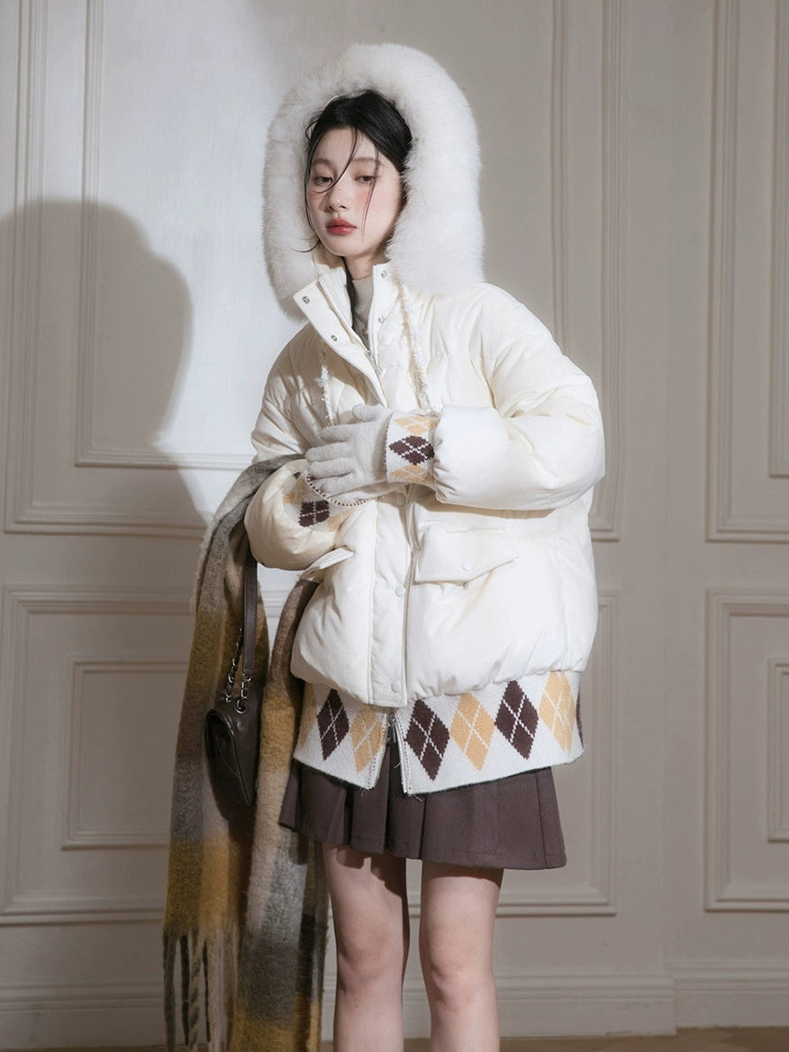 Diamond Check Spleißen mit Kapuze -Down -Jacke