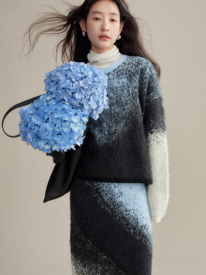 Gradient Color Sweater & Knitted Long Skirt