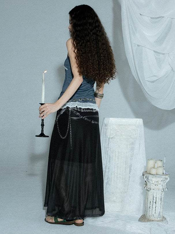 Spider Printing Short T-shirt & Low Waist Chain Printing Long Skirt