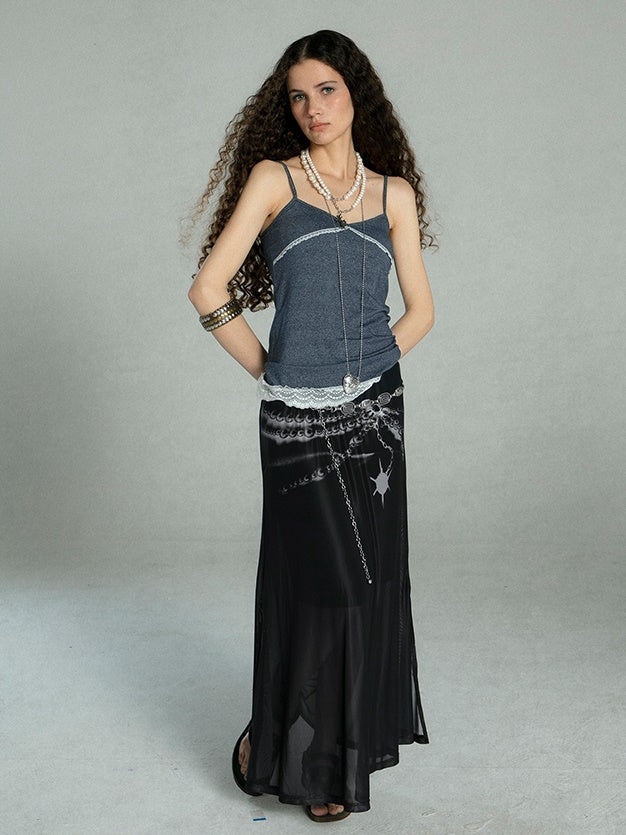 Spider Printing Short T-shirt & Low Waist Chain Printing Long Skirt